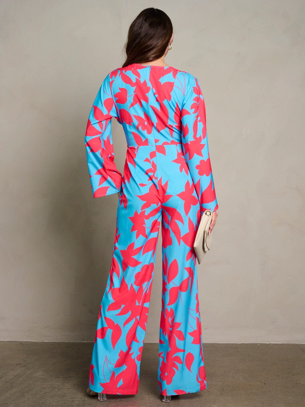 WOMEN'S LONG PUFF SLEEVE SURPLICE PRINTED WIDE LEG JUMPSUIT