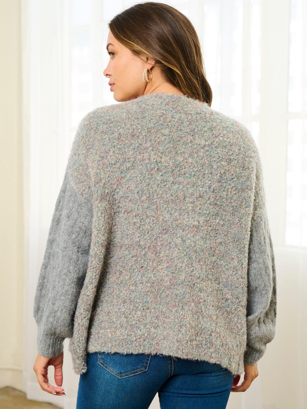 WOMEN'S LONG SLEEVE POCKETS COLORBLOCK OPEN FRONT CARDIGAN