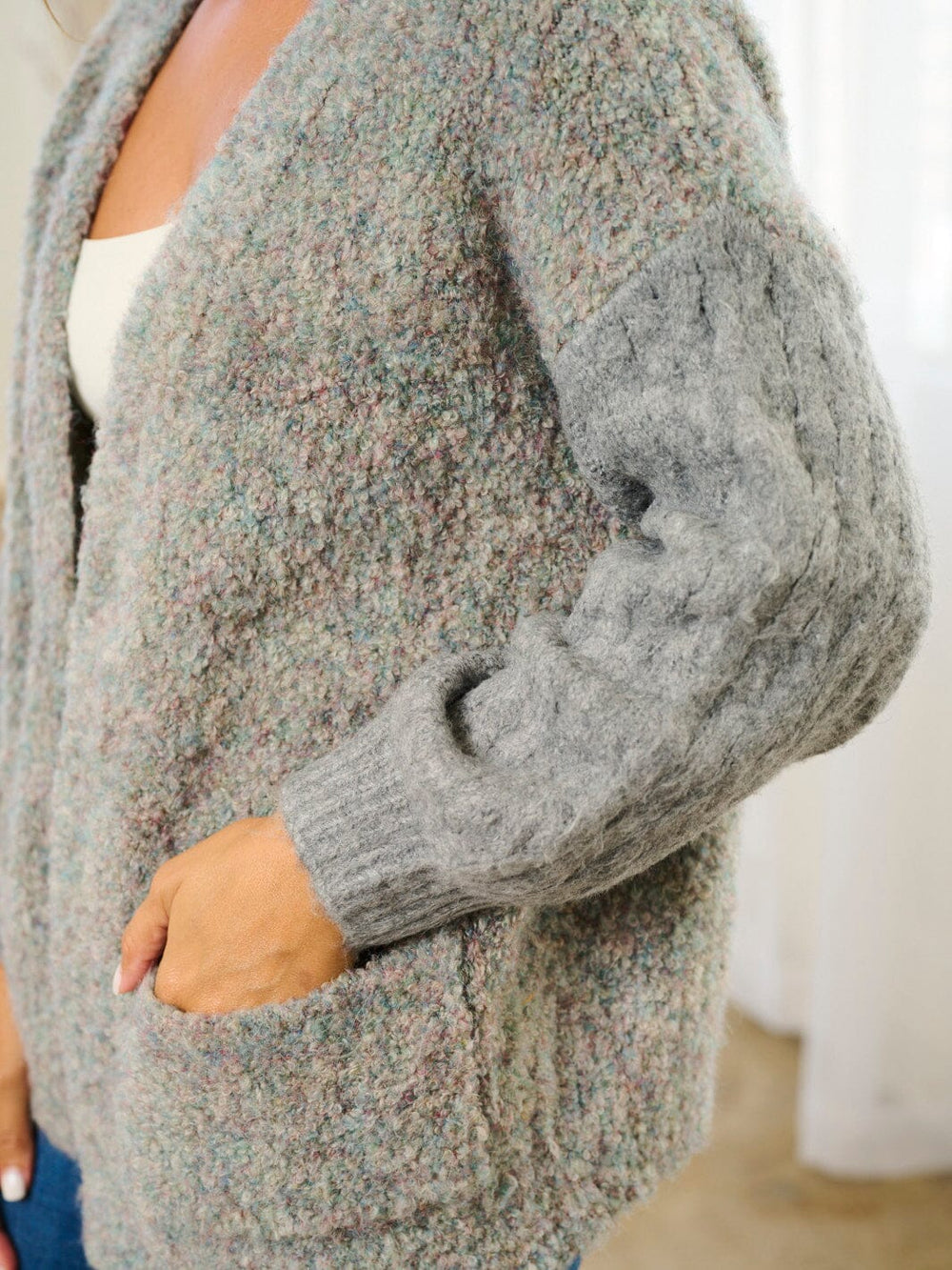 WOMEN'S LONG SLEEVE POCKETS COLORBLOCK OPEN FRONT CARDIGAN