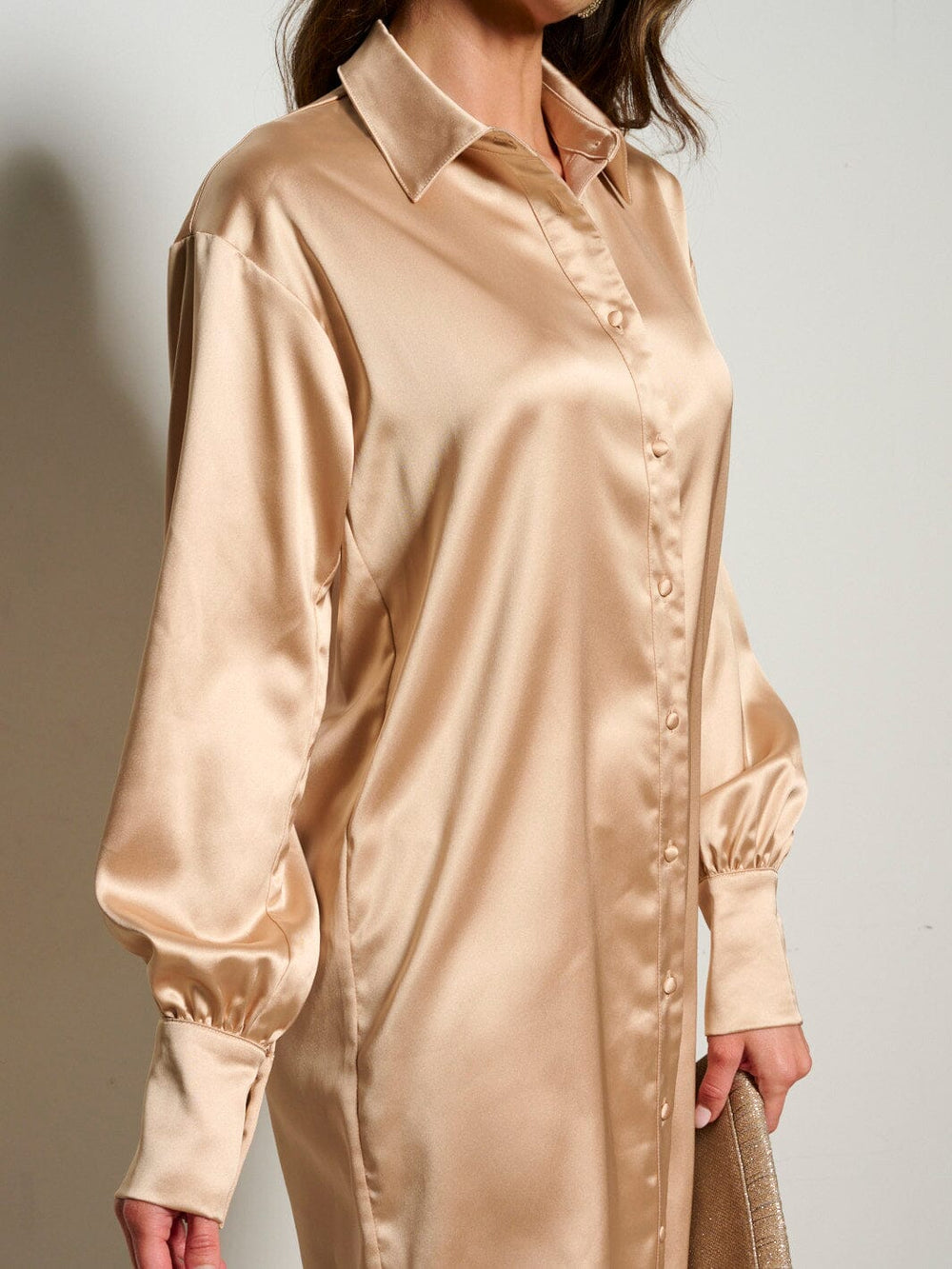 WOMEN'S LONG SLEEVE BUTTON UP SATIN MINI DRESS