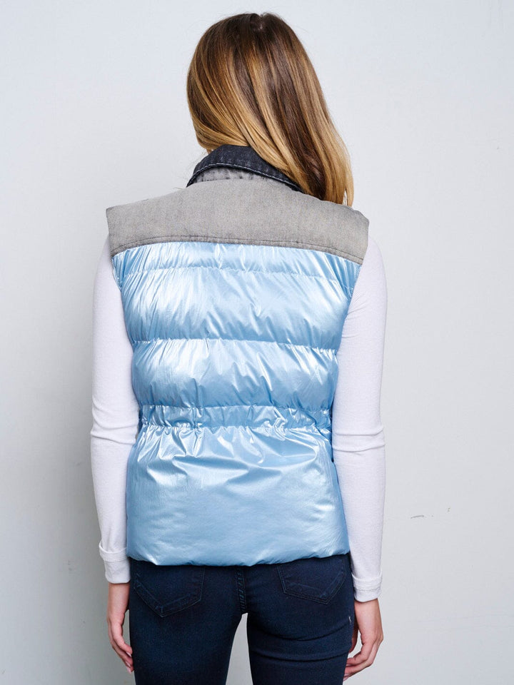 WOMEN'S SLEEVELESS BUTTON CLOSURE FRONT POCKETS DENIM CONTRAST PUFFER VEST
