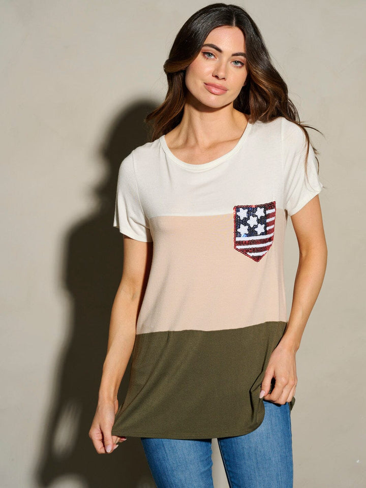 WOMEN'S SHORT SLEEVE COLOR BLOCK POCKET FLAG PATCH TOP