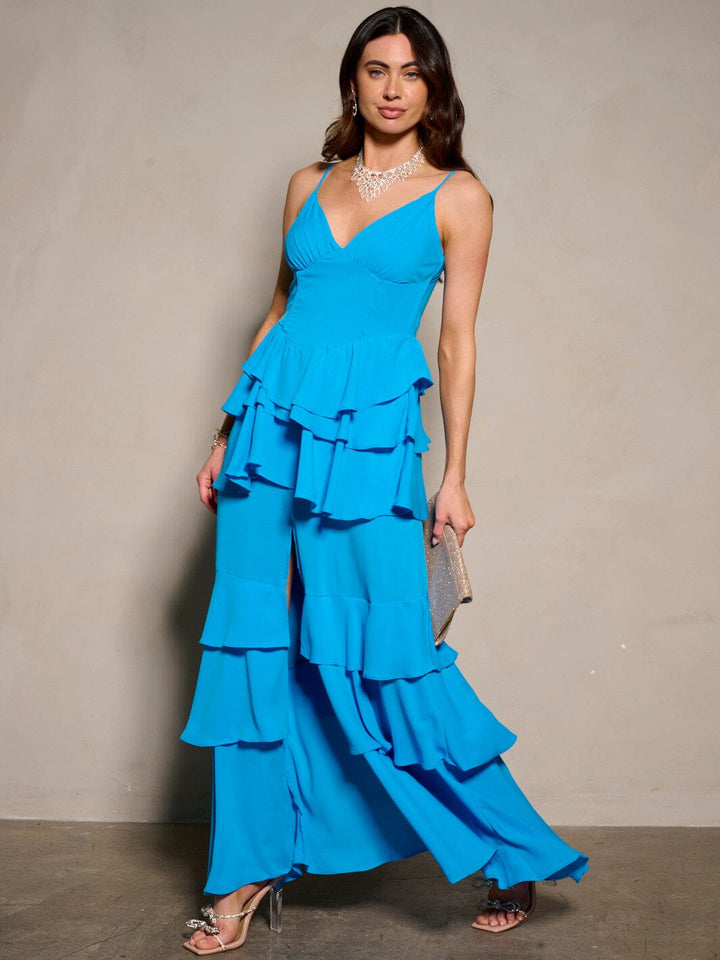 WOMEN'S SLEEVELESS V-NECK RUFFLE TIERED MAXI DRESS