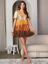 WOMEN'S SHORT PUFF SLEEVE V-NECK COLORBLOCK TUNIC MINI DRESS