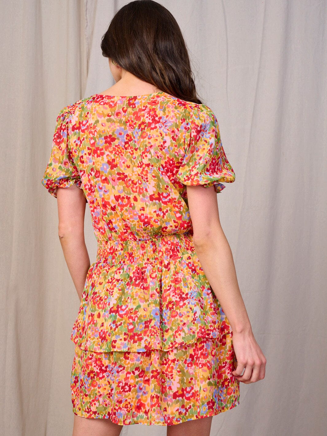 WOMEN'S SHORT SLEEVES SURPLICE ELASTIC WAIST RUFFLE FLORAL MINI DRESS