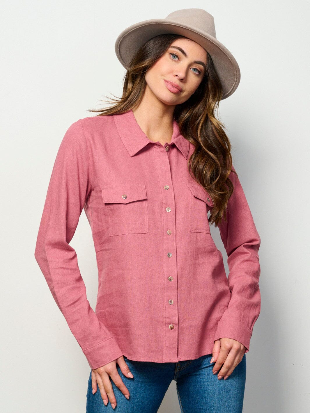 WOMEN'S LONG SLEEVE BUTTON UP FRONT POCKETS LINEN TOP