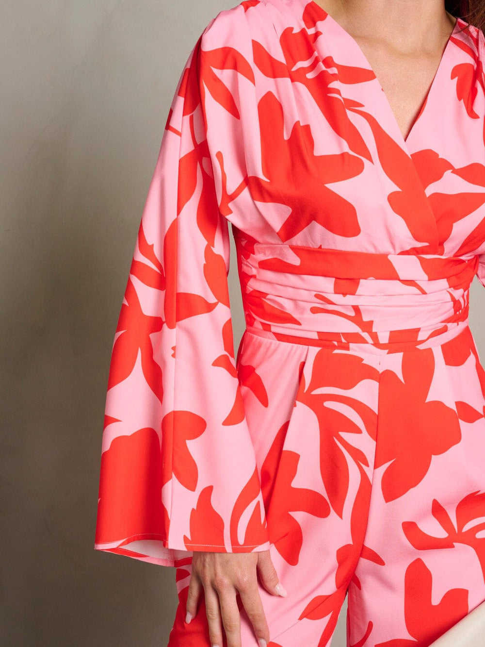 WOMEN'S LONG PUFF SLEEVE SURPLICE PRINTED WIDE LEG JUMPSUIT