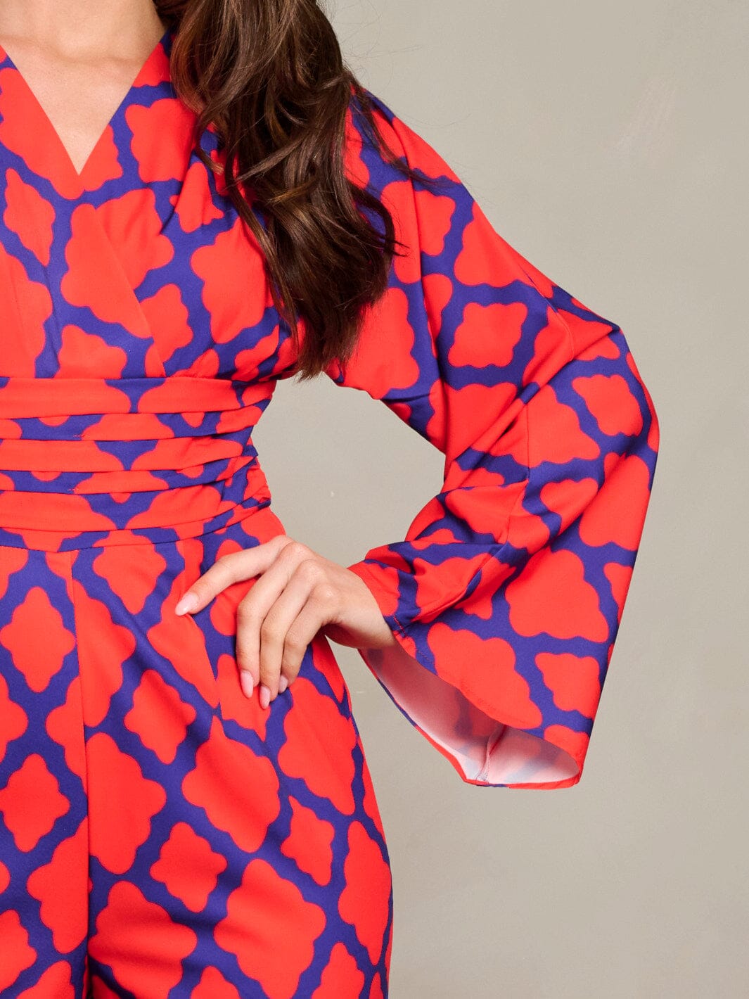 WOMEN'S LONG PUFF SLEEVE SURPLICE PRINTED WIDE LEG JUMPSUIT