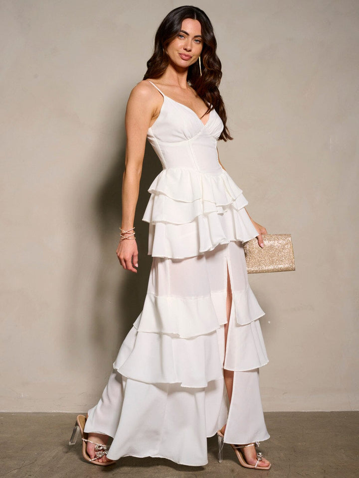 WOMEN'S SLEEVELESS V-NECK RUFFLE TIERED MAXI DRESS