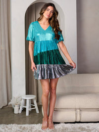 WOMEN'S SHORT PUFF SLEEVE V-NECK COLORBLOCK TUNIC MINI DRESS