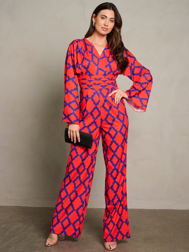 WOMEN'S LONG PUFF SLEEVE SURPLICE PRINTED WIDE LEG JUMPSUIT
