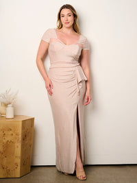 PLUS SIZE SHORT SLEEVE SLIT BODYCON V-NECK SHIMMER MAXI DRESS