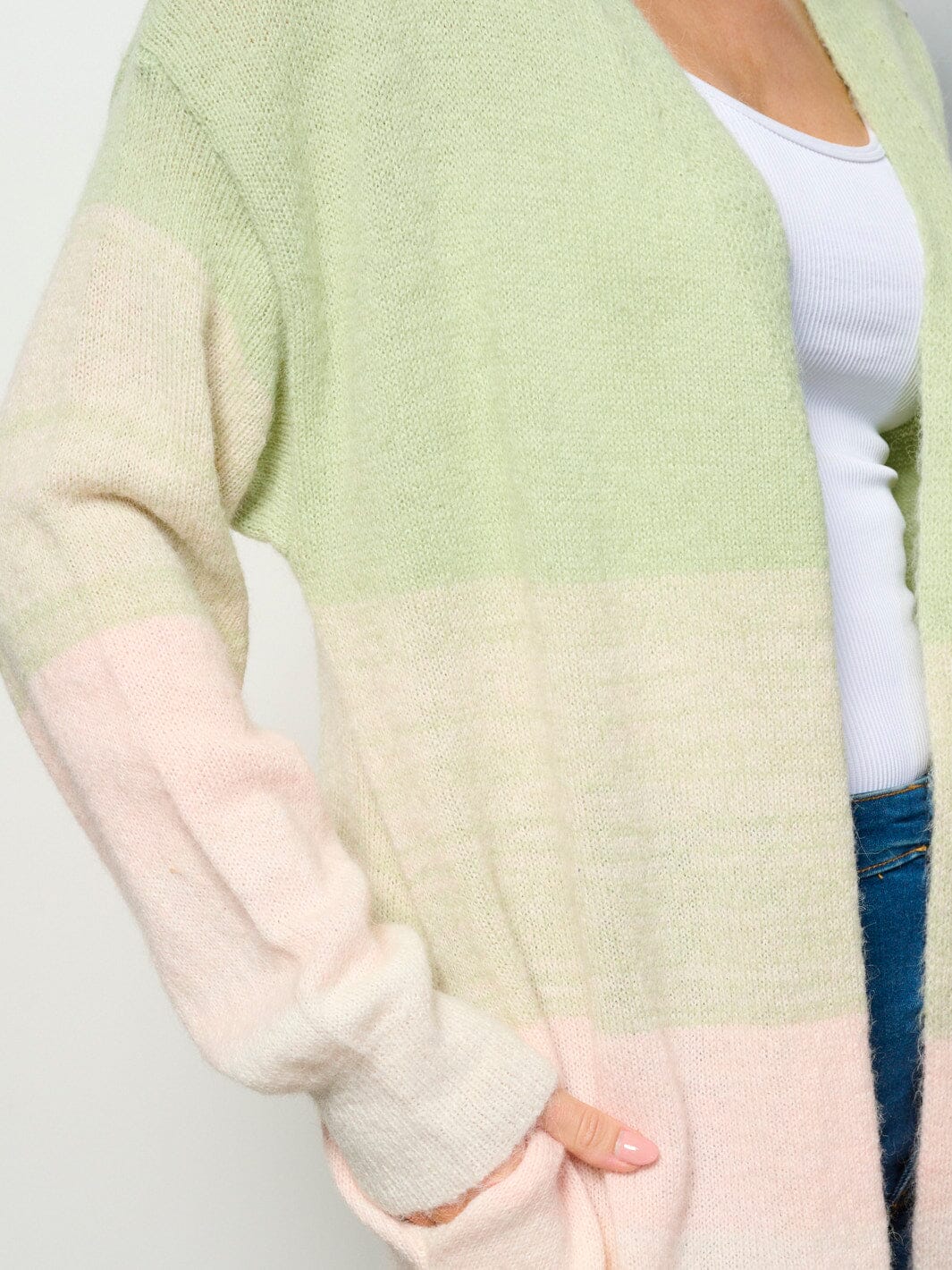 WOMEN'S LONG SLEEVE OPEN FRONT POCKETS COLORBLOCK CARDIGAN
