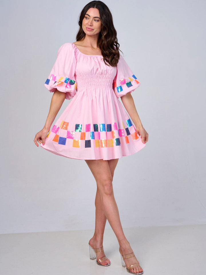 WOMEN'S SHORT PUFF SLEEVE SMOCK WAIST MULTI SEQUINS MINI DRESS