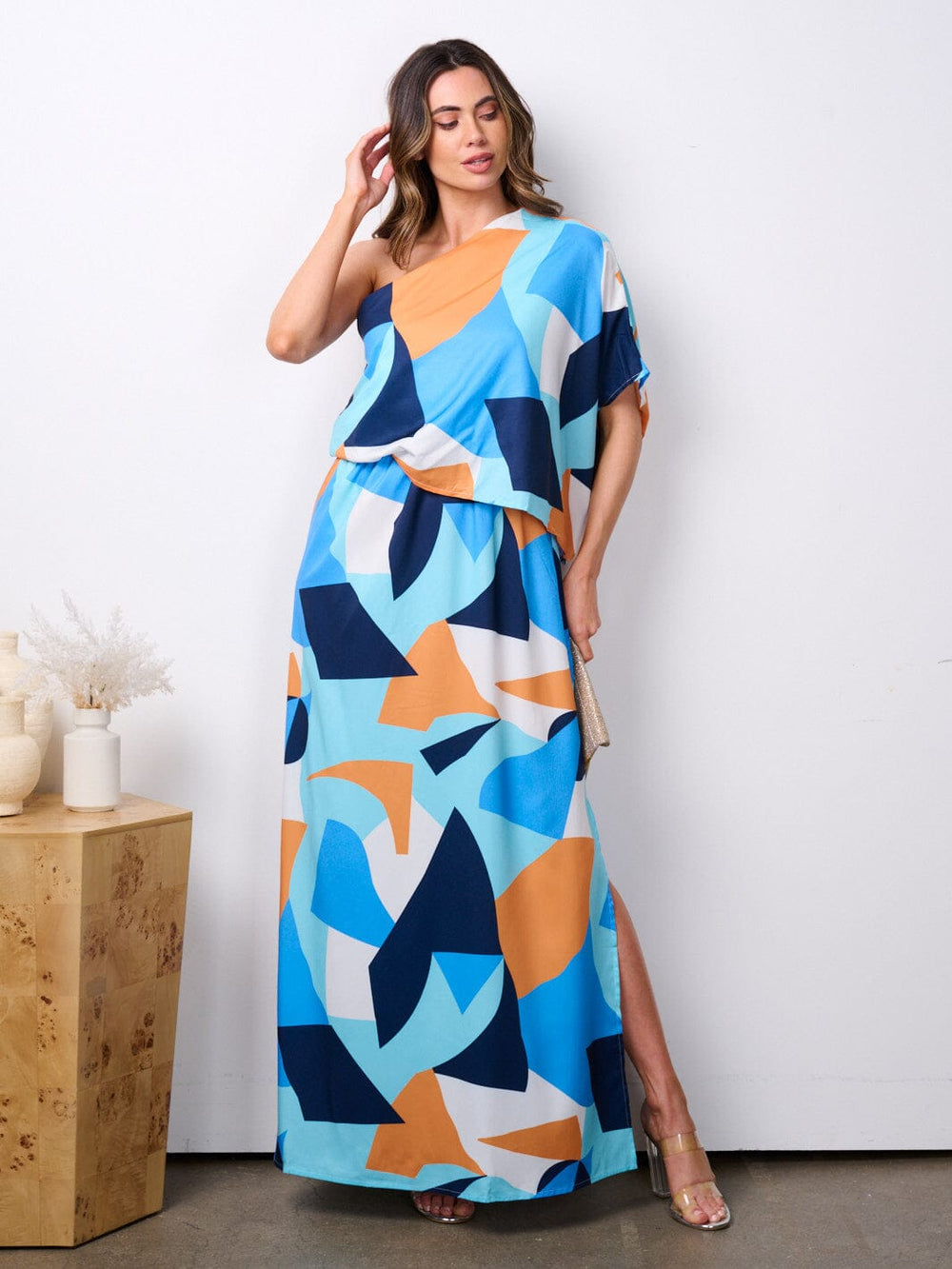 WOMEN'S ONE SHOULDER MULTI PRINT MAXI DRESS