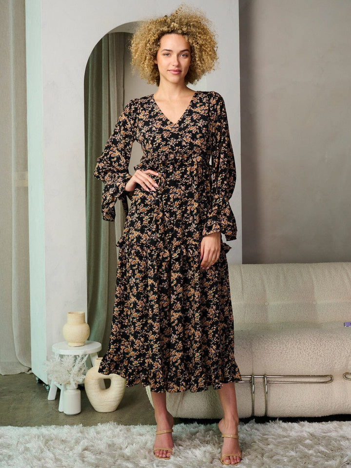 WOMEN'S LONG SLEEVES V-NECK TIERED FLORAL MAXI DRESS