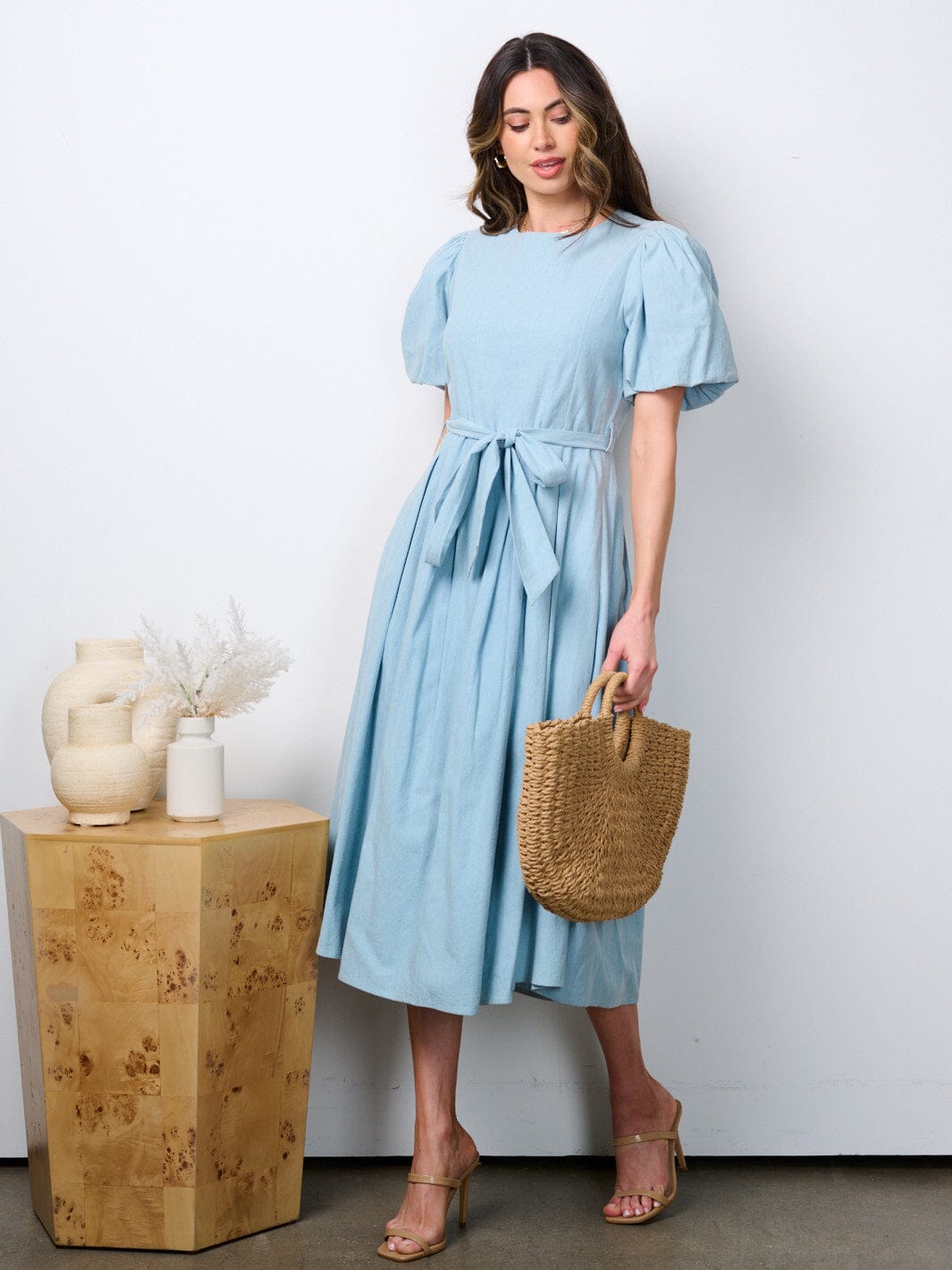 WOMEN'S SHORT PUFF SLEEVE SELF TIE MIDI DRESS
