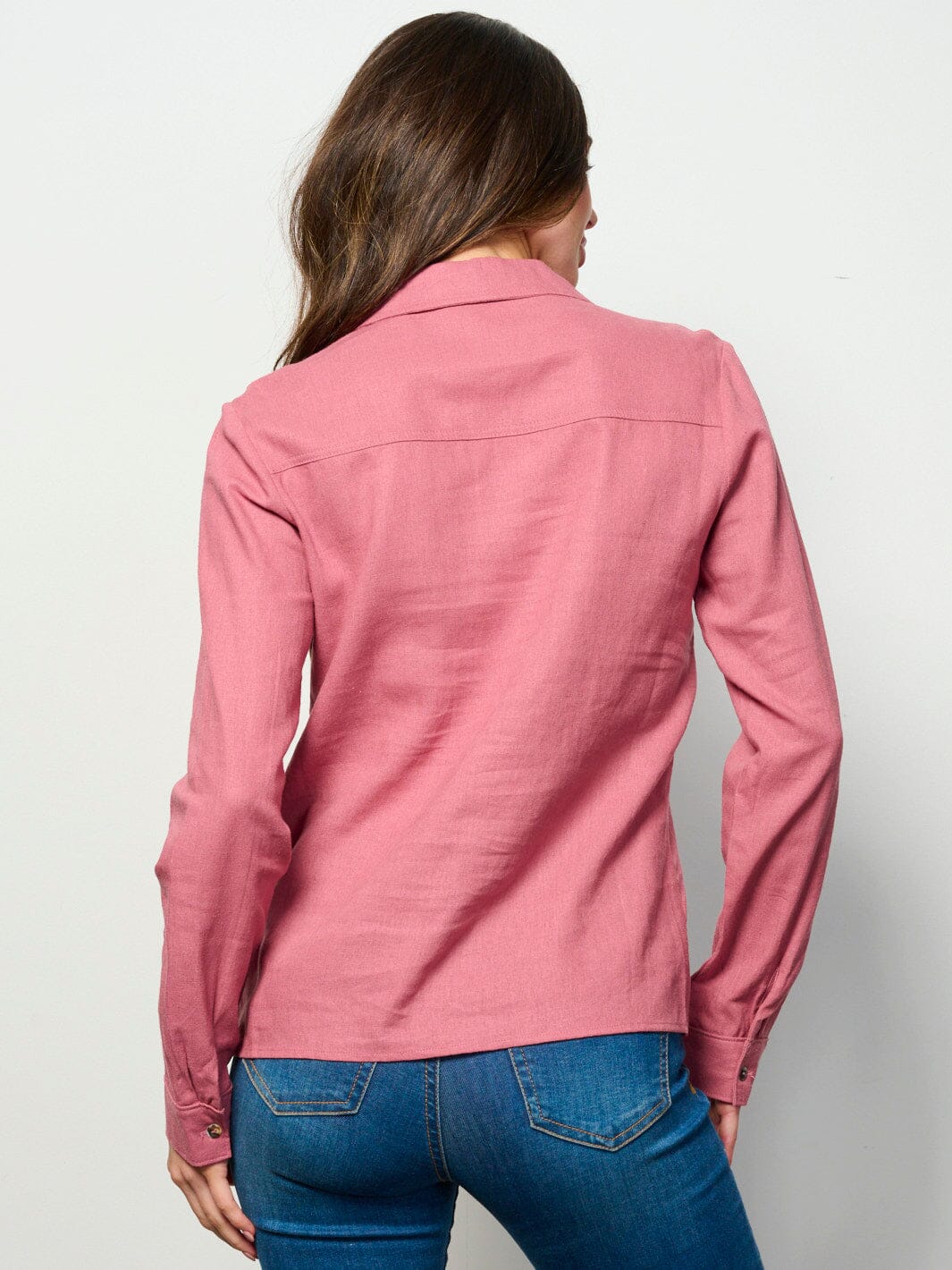 WOMEN'S LONG SLEEVE BUTTON UP FRONT POCKETS LINEN TOP