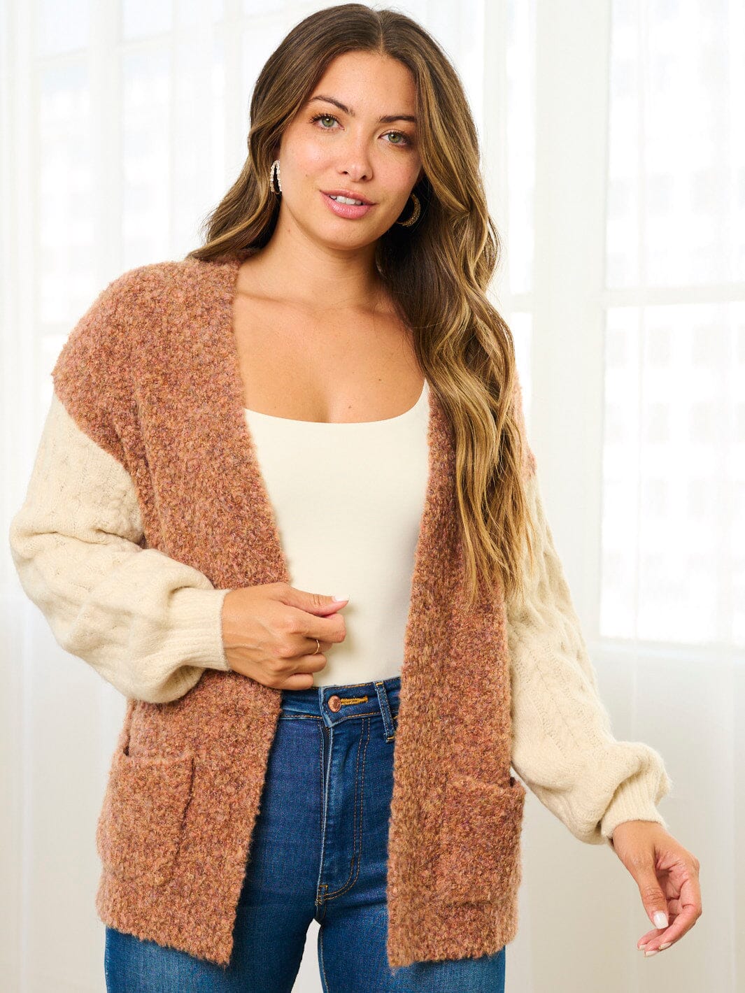 WOMEN'S LONG SLEEVE POCKETS COLORBLOCK OPEN FRONT CARDIGAN