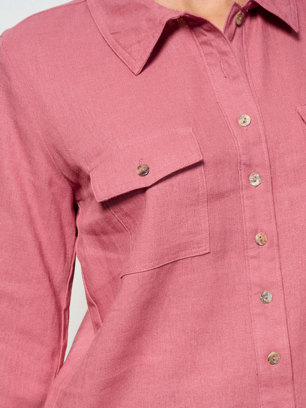 WOMEN'S LONG SLEEVE BUTTON UP FRONT POCKETS LINEN TOP