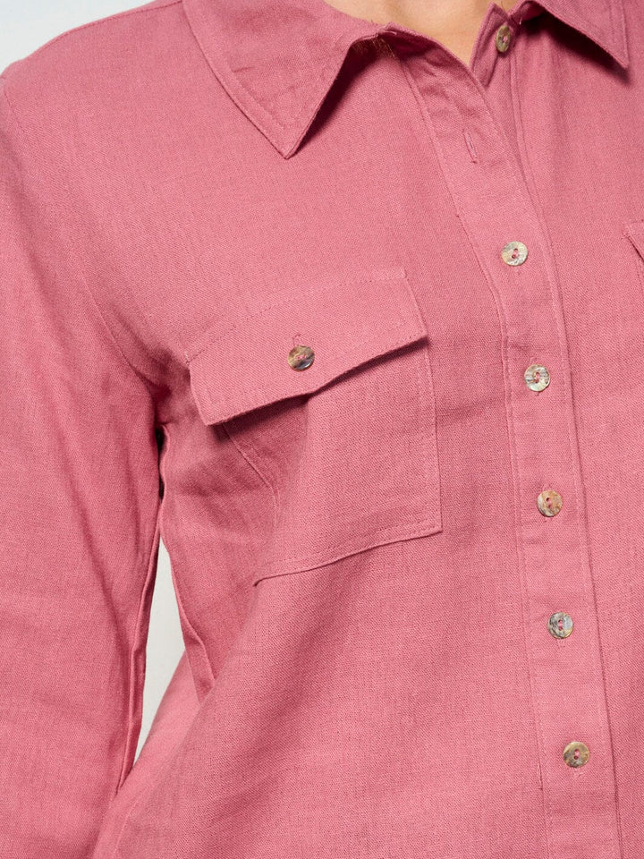 WOMEN'S LONG SLEEVE BUTTON UP FRONT POCKETS LINEN TOP