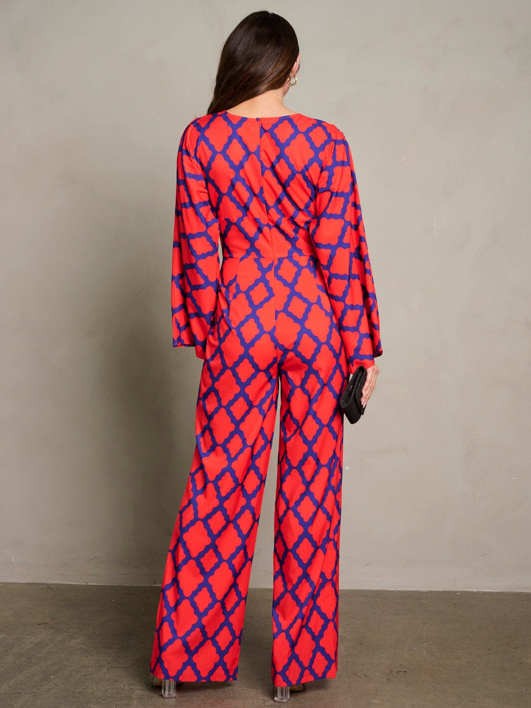 WOMEN'S LONG PUFF SLEEVE SURPLICE PRINTED WIDE LEG JUMPSUIT