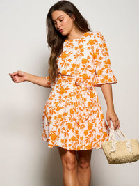 ******NOT READY********WOMEN'S 3/4 SLEEVES SELF TIE FLORAL MINI DRESS