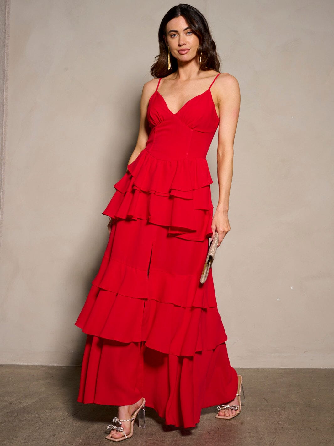 WOMEN'S SLEEVELESS V-NECK RUFFLE TIERED MAXI DRESS