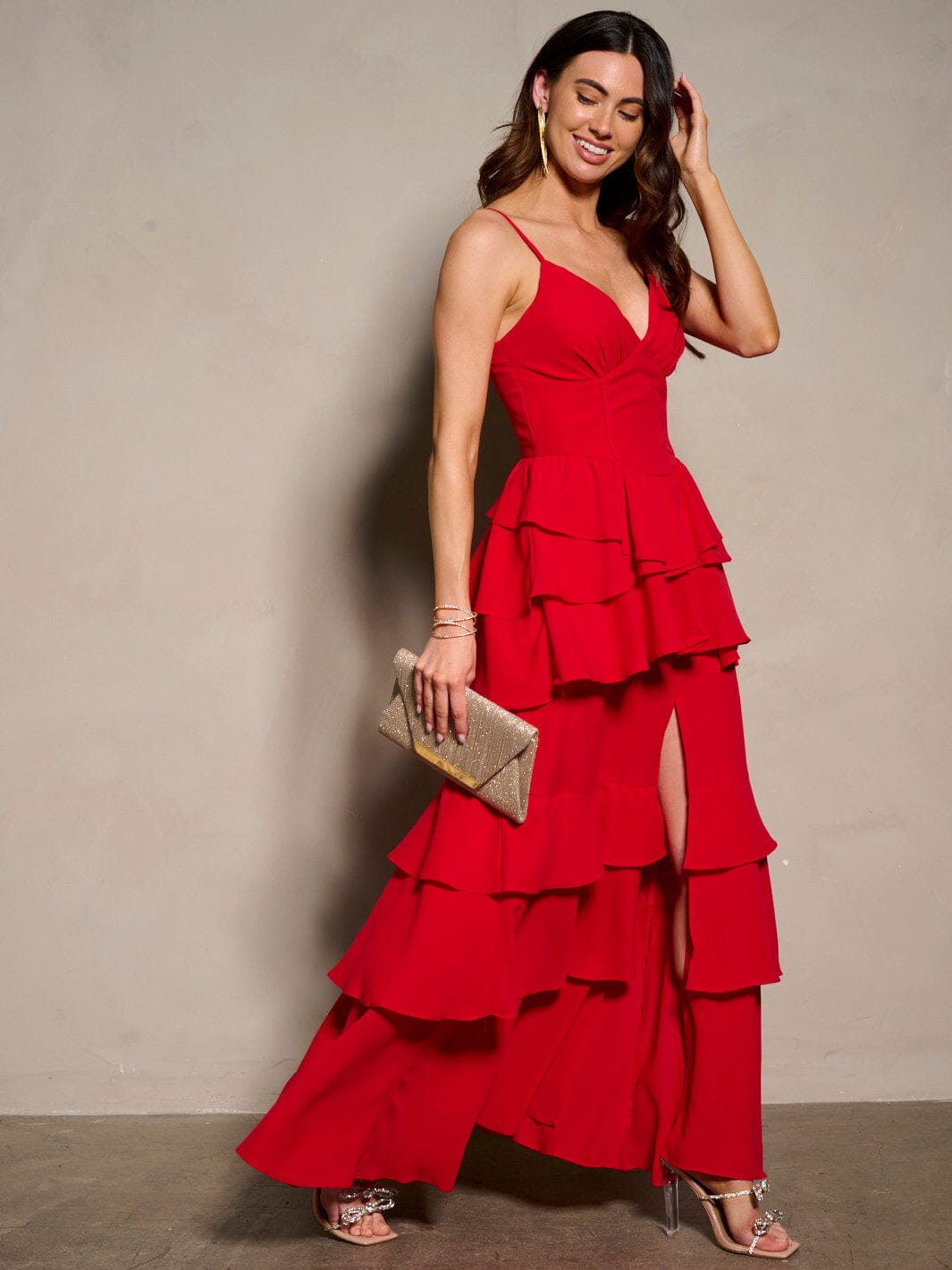 WOMEN'S SLEEVELESS V-NECK RUFFLE TIERED MAXI DRESS
