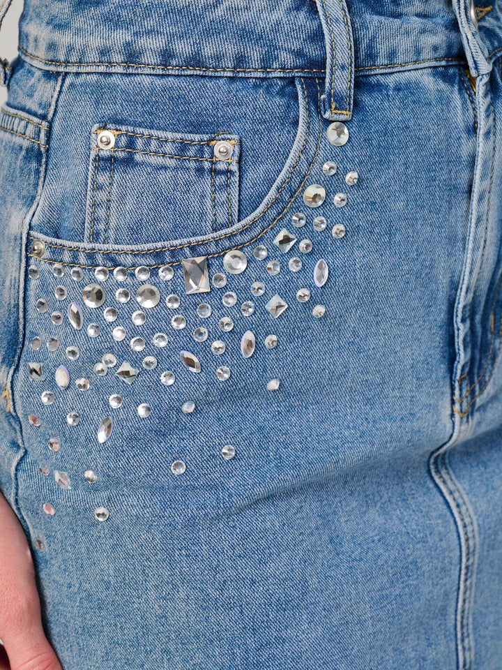 WOMEN'S BUTTON CLOSURE POCKETS STUDS DENIM MINI SKIRT