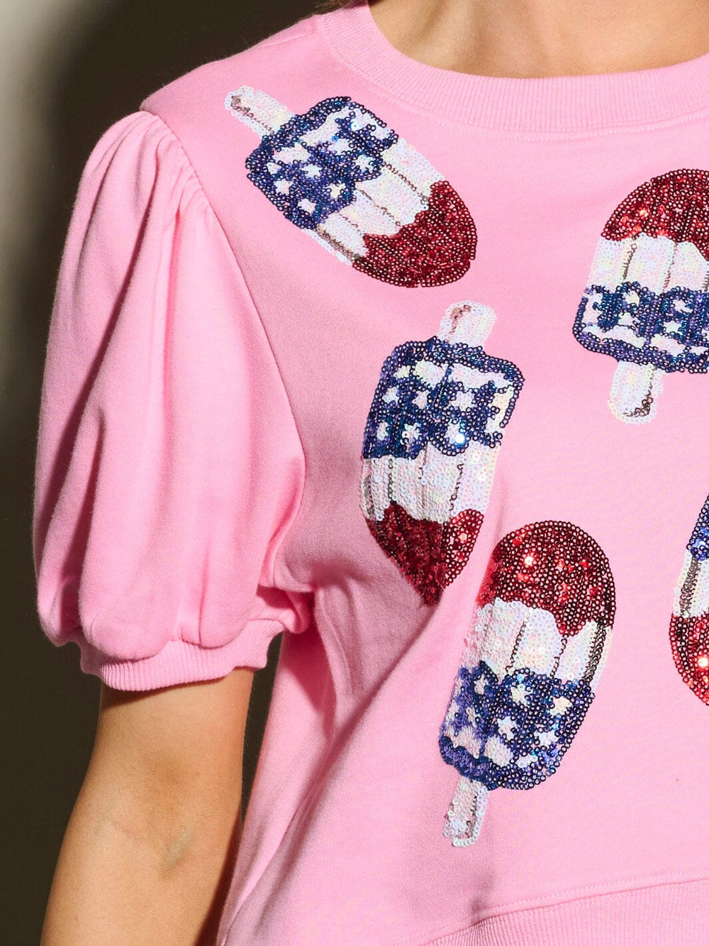 WOMEN'S SHORT PUFF SLEEVE ICE CREAM SEQUINS PRINT BLOUSE TOP