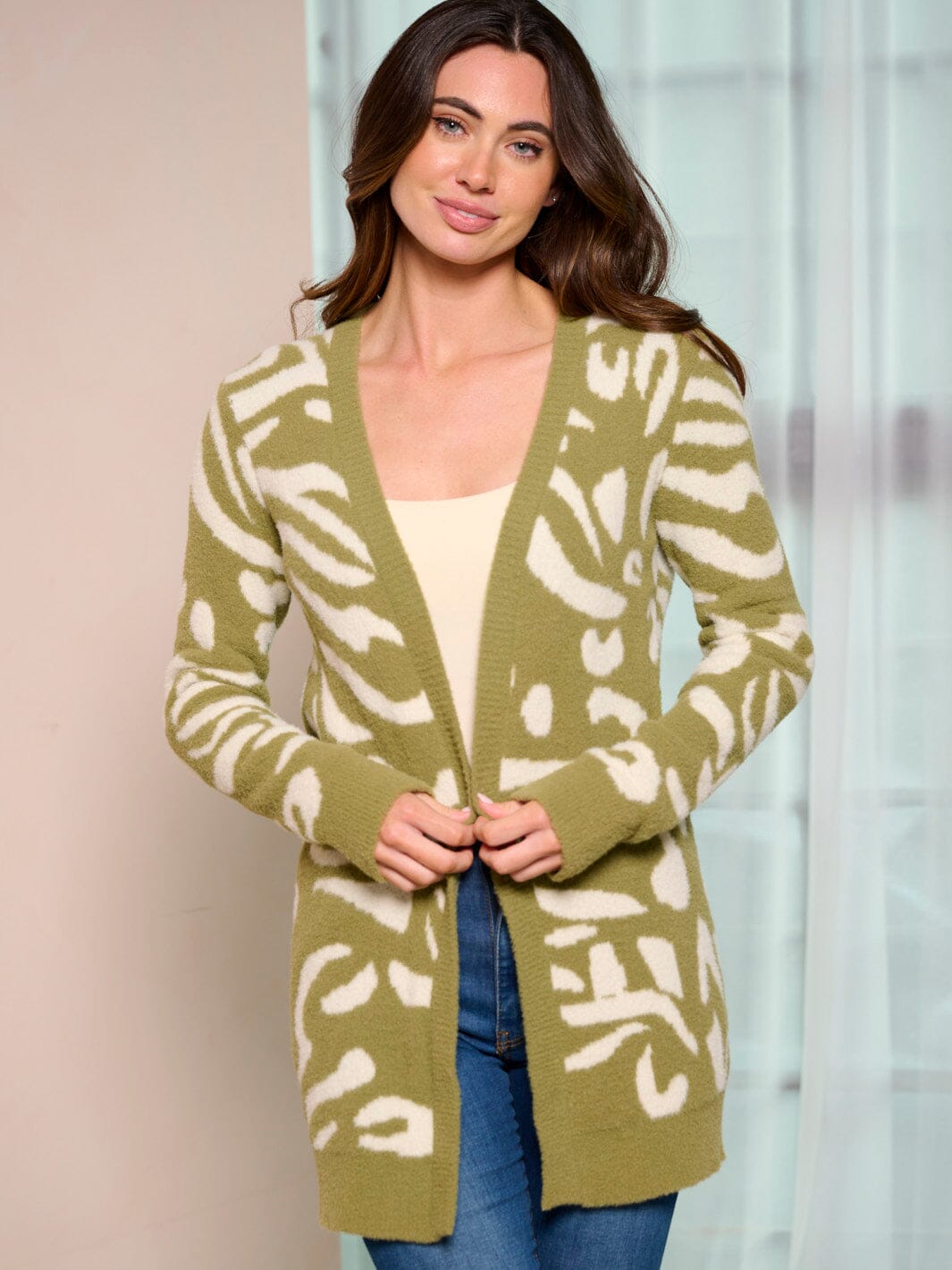 WOMEN'S LONG SLEEVE OPEN FRONT ANIMAL PRINT CARDIGAN