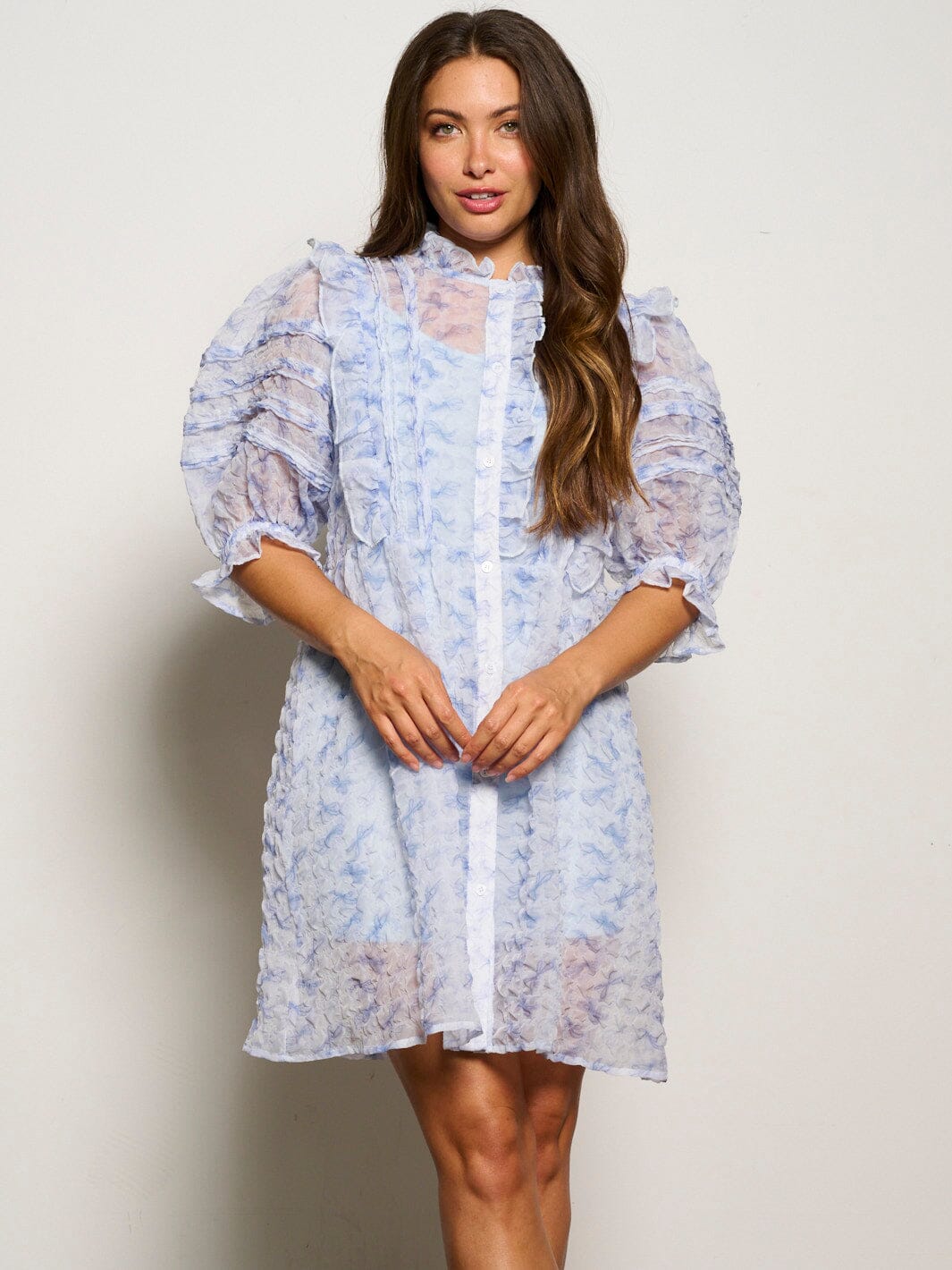 WOMEN'S 3/4 PUFF SLEEVE BUTTON UP RUFFLE FLORAL MINI DRESS