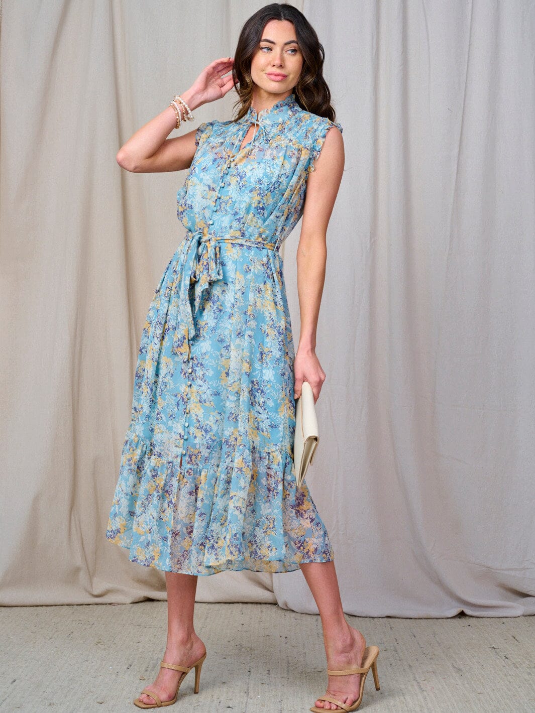 WOMEN'S SLEEVELESS BUTTON UP SELF TIE FLORAL MIDI DRESS