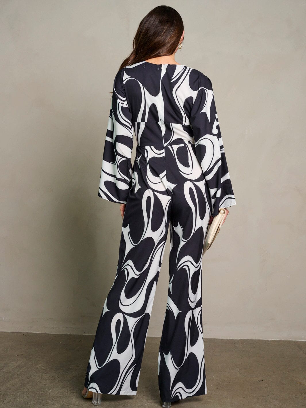 WOMEN'S LONG PUFF SLEEVE SURPLICE PRINTED WIDE LEG JUMPSUIT