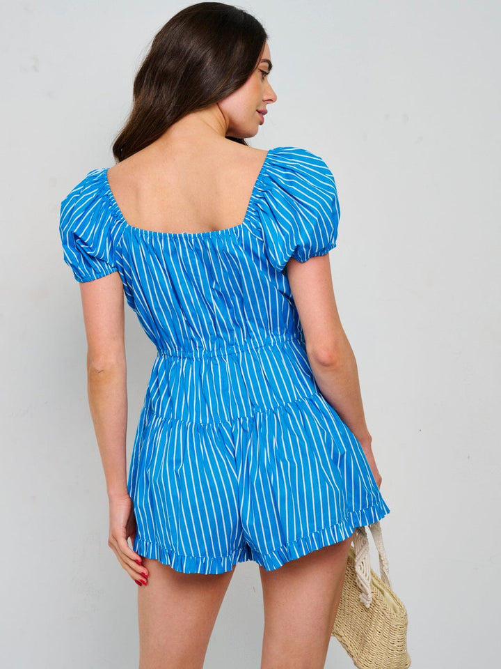 WOMEN'S SHORT PUFF SLEEVE BUTTON CLOSURE ELASTIC WAIST STRIPES ROMPER