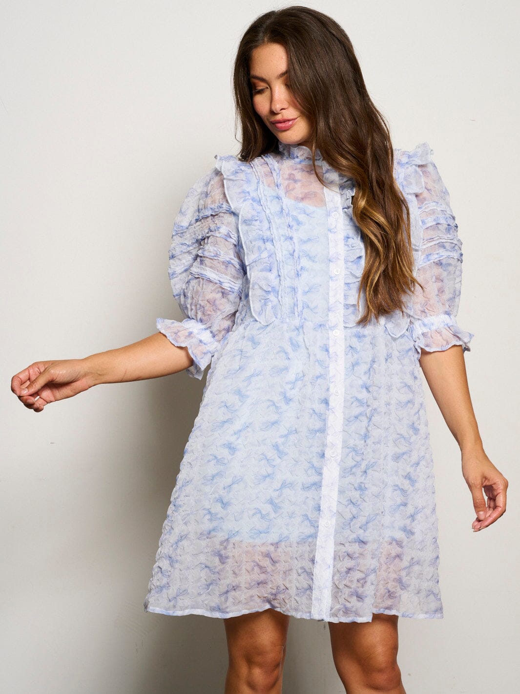 WOMEN'S 3/4 PUFF SLEEVE BUTTON UP RUFFLE FLORAL MINI DRESS