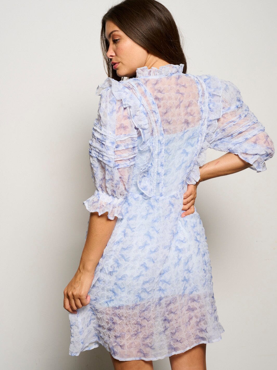 WOMEN'S 3/4 PUFF SLEEVE BUTTON UP RUFFLE FLORAL MINI DRESS