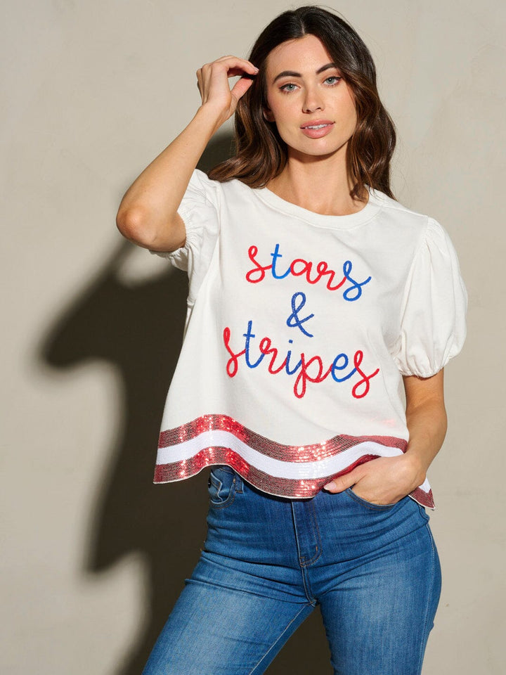 WOMEN'S SHORT SLEEVE SEQUINS STARS & STRIPES PATRIOTIC TUNIC BLOUSE TOP