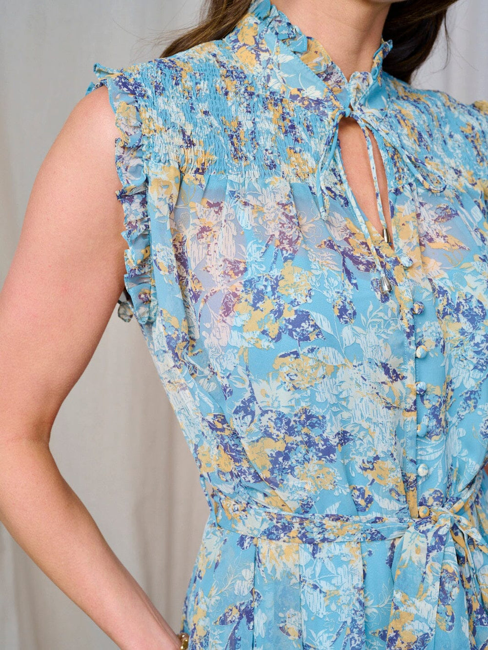 WOMEN'S SLEEVELESS BUTTON UP SELF TIE FLORAL MIDI DRESS