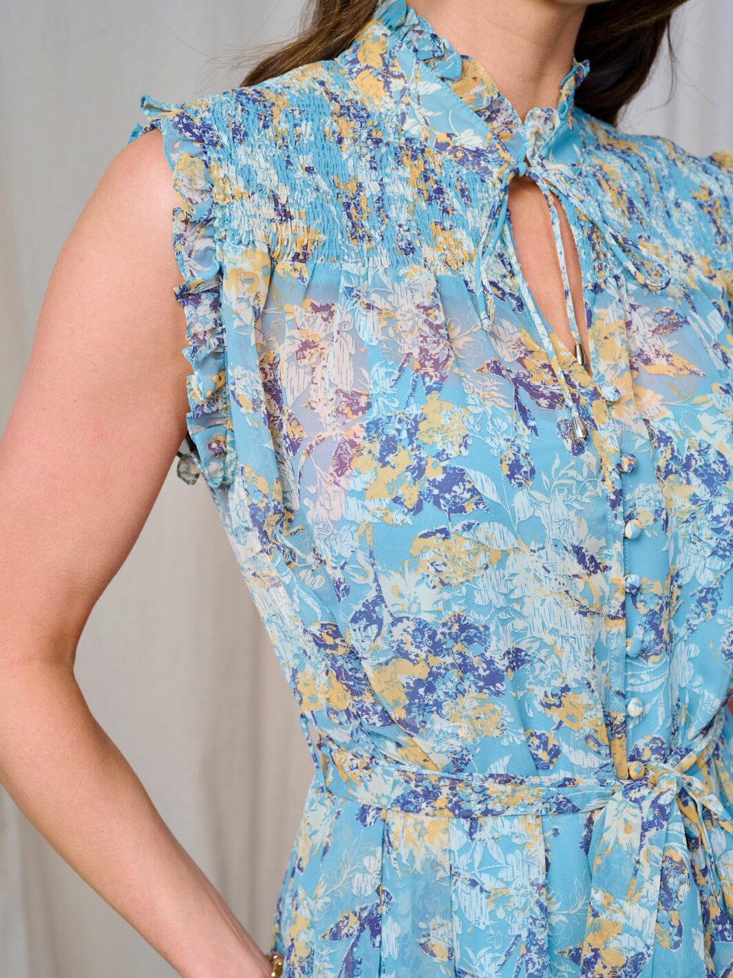 WOMEN'S SLEEVELESS BUTTON UP SELF TIE FLORAL MIDI DRESS