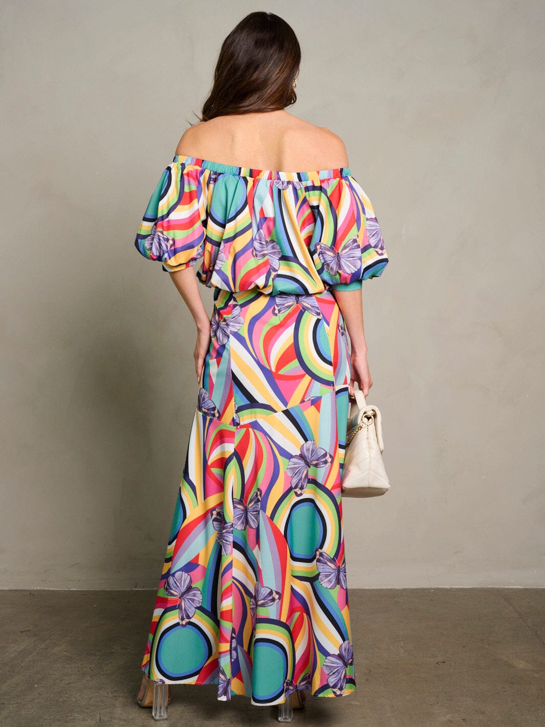 WOMEN'S OFF SHOULDER CROP TOP & MAXI SKIRT MULTI PRINT 2PC. SET