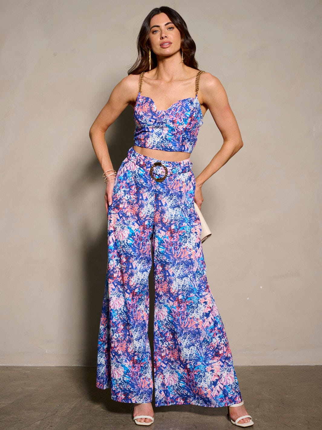 WOMEN'S SLEEVELESS CROP TOP & BELTED PANTS FLORAL 2PC. SET