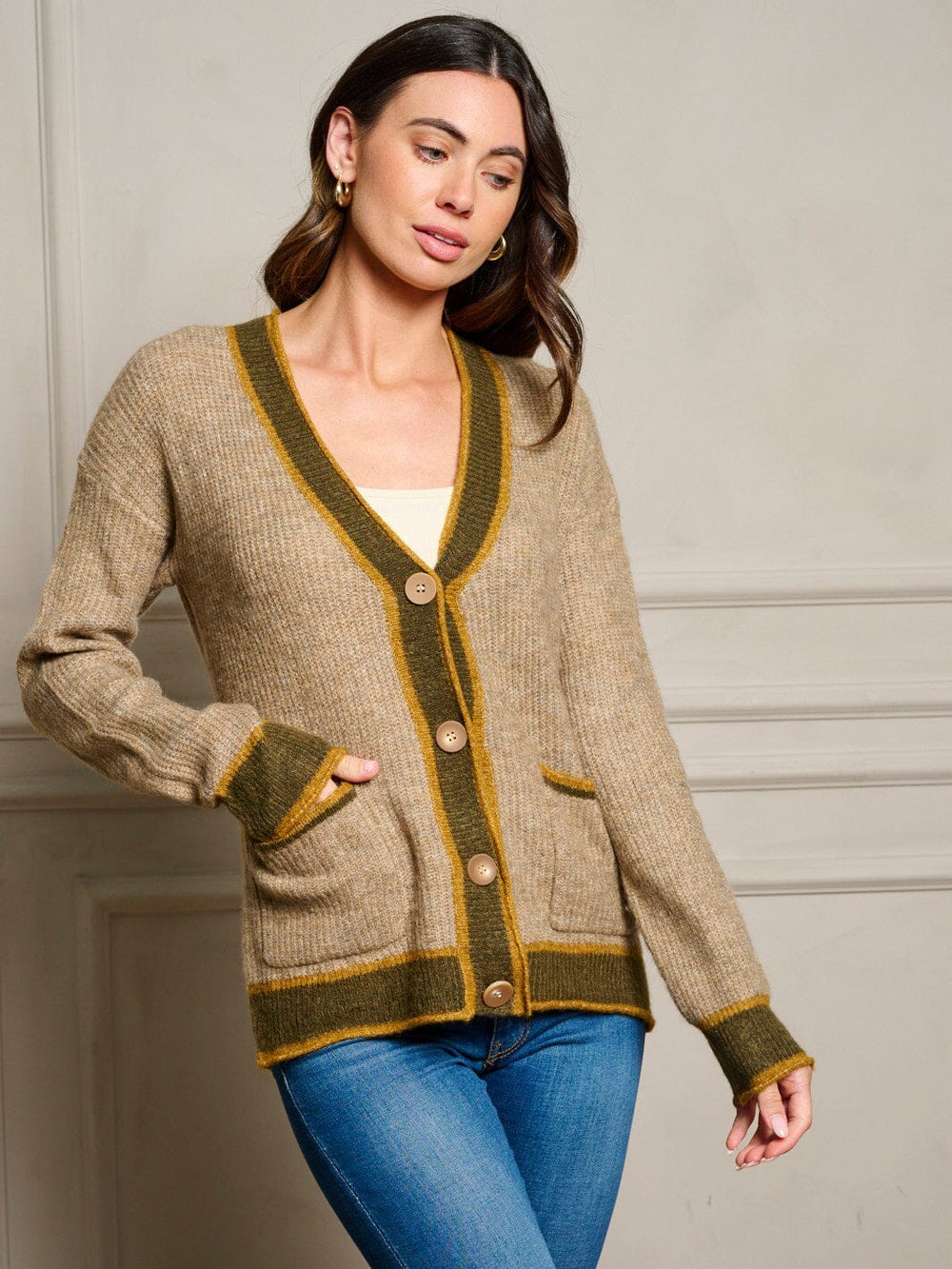 WOMEN'S LONG SLEEVE POCKETS BUTTON UP COLORBLOCK SWEATER CARDIGAN