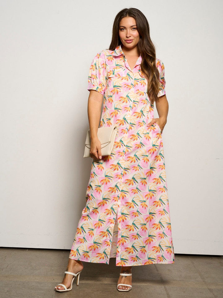 WOMEN'S SHORT SLEEVE POCKETS BUTTON UP FLORAL MAXI DRESS