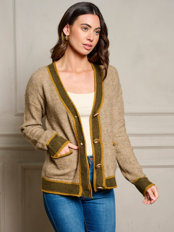 WOMEN'S LONG SLEEVE POCKETS BUTTON UP COLORBLOCK SWEATER CARDIGAN