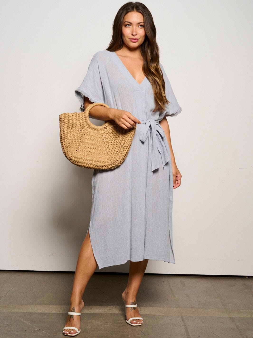 WOMEN'S SHORT SLEEVE V-NECK SELF TIE TUNIC MIDI DRESS