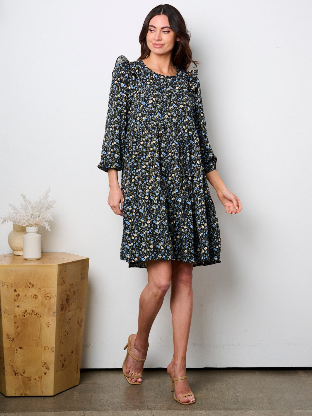 WOMEN'S LONG SLEEVE BUTTON UP ELASTIC WAIST PRINTED MINI DRESS (Copy)