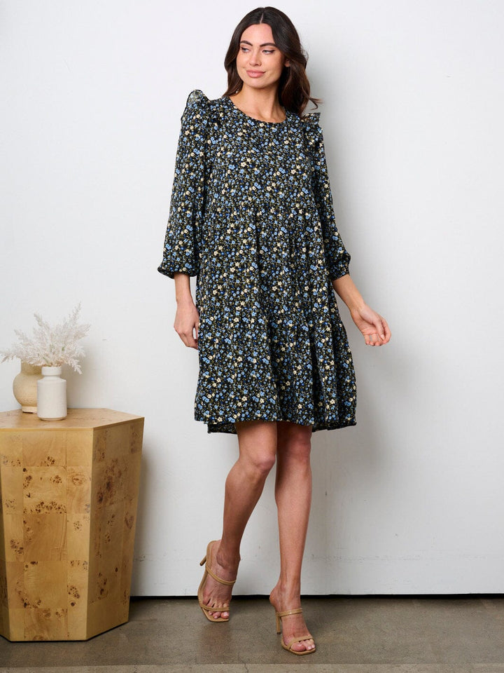 WOMEN'S LONG SLEEVE BUTTON UP ELASTIC WAIST PRINTED MINI DRESS (Copy)