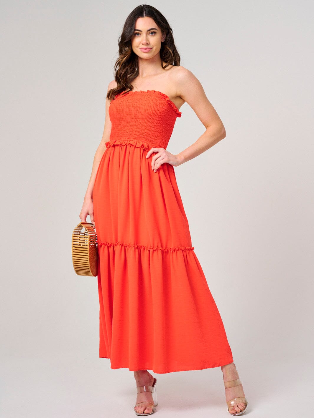 WOMEN'S SLEEVELESS SMOCK TIERED TUBE MAXI DRESS